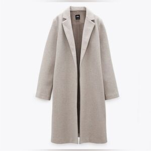 Zara Small Long Beige Coat with Lapel Oatmeal Beige Heathered Jacket